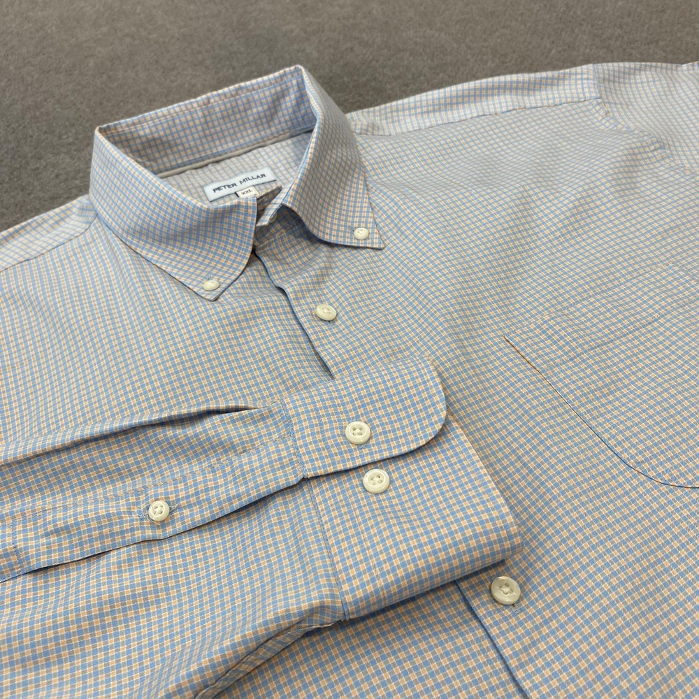 Peter Millar Shirt Mens 2XL Blue Orange Gingham Button Down Long Sleeve Stretch