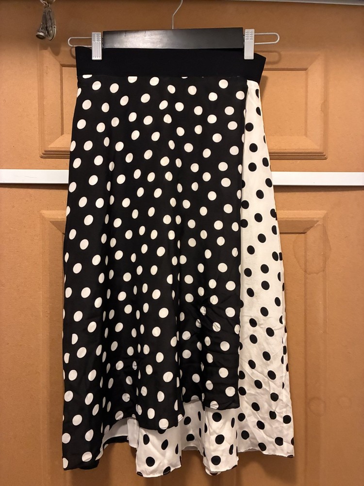 Alice + Olivia Size 0 Silk Skirt Faux Wrap Black White Polka Dot Retro Midi