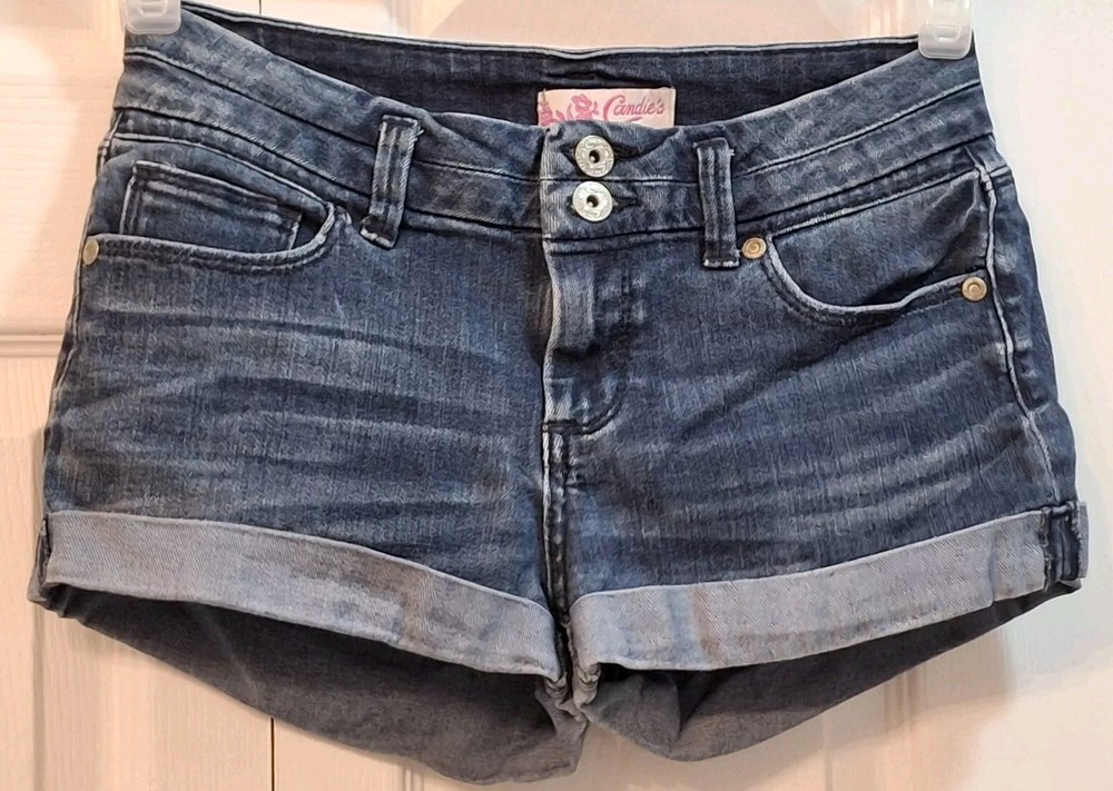 Blue Jean Shorts Distressed Candies Denim Short Low Rise Stretch Cuffed Button