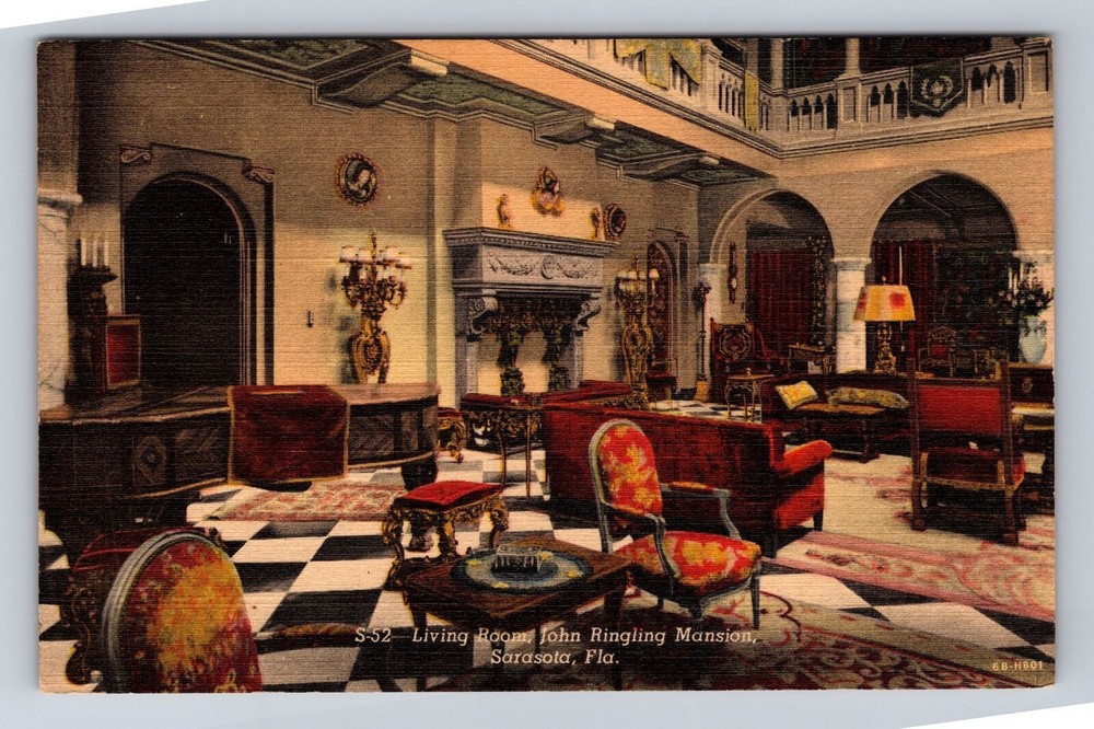 Sarasota FL- Florida, Living Room, John Ringling Mansion, Vintage Postcard