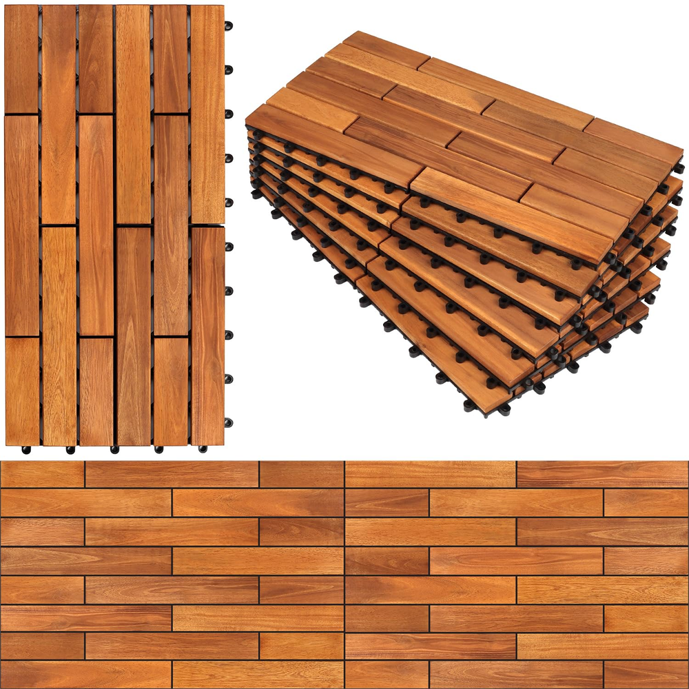 Waterproof Acacia Wood Deck Tiles 24x12 Interlocking Outdoor Flooring Set of 6-image
