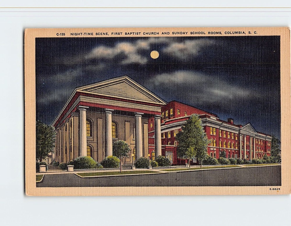 Postcard Night Time Scene First Baptist And Sunday School Rooms Columbia SC USA