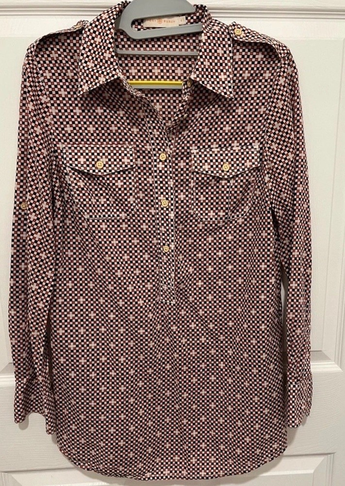 TORY BURCH Blouse Size 6 Checker Board Print Roll Tab Sleeve Pullover Button Up