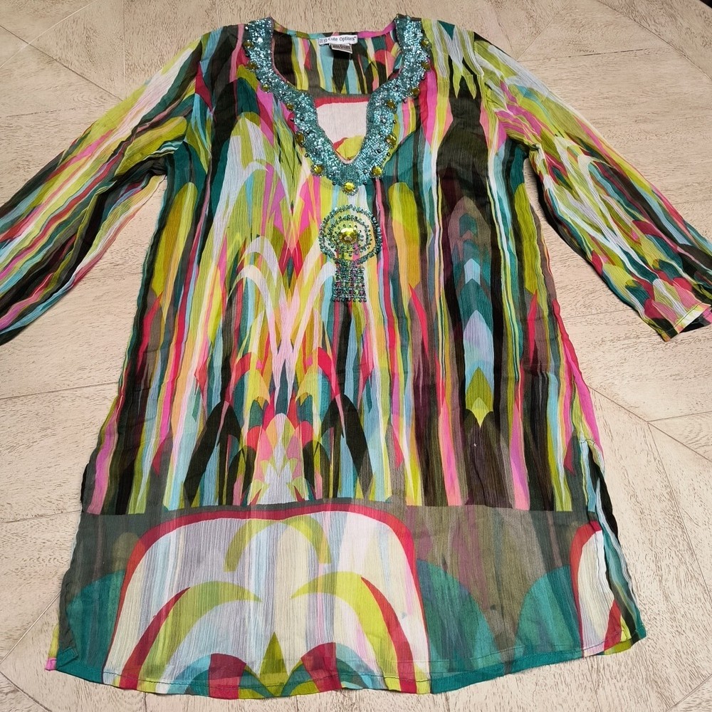 Cute Options Sheer Rhinestone Beaded Tunic Top / Swimsuit Cover Up Multicolored