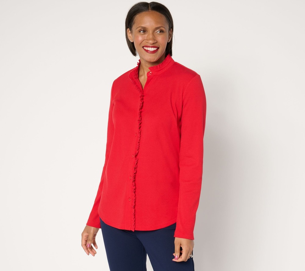 Isaac Mizrahi Live! Women's Top Sz XL Knit Button Front Shirt Ruffle Red A674063
