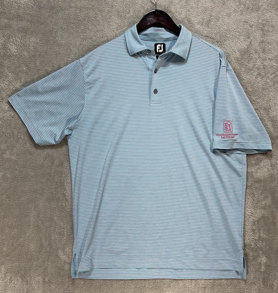 FootJoy Polo Men’s Size L Baby Blue/Pink Striped Golf Embroidered Stretch