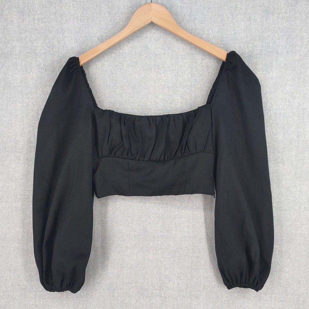 Princess Polly Crop Top US 6 Black Puff Long Sleeve Square Neck Blouse