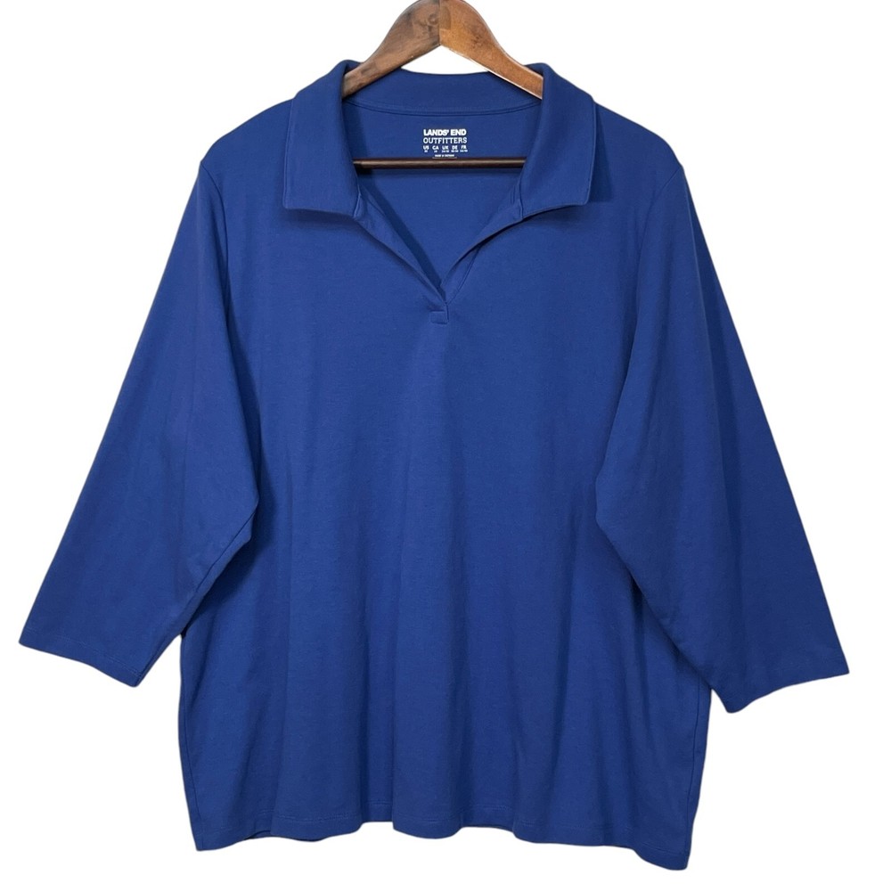 Lands End Womens 2X Blue Collared 3/4 Sleeve Polo Top