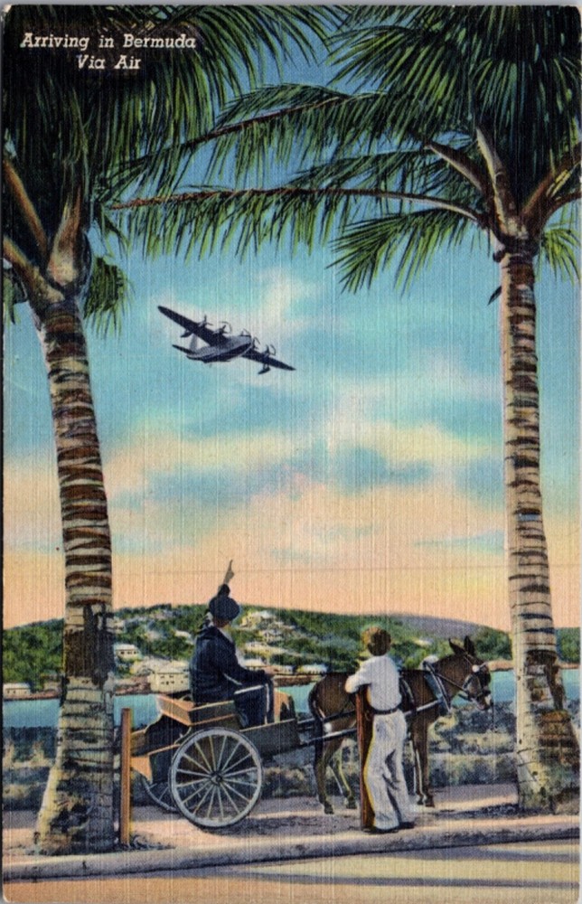 Linen Advertising Postcard Arriving in Bermuda Via Air