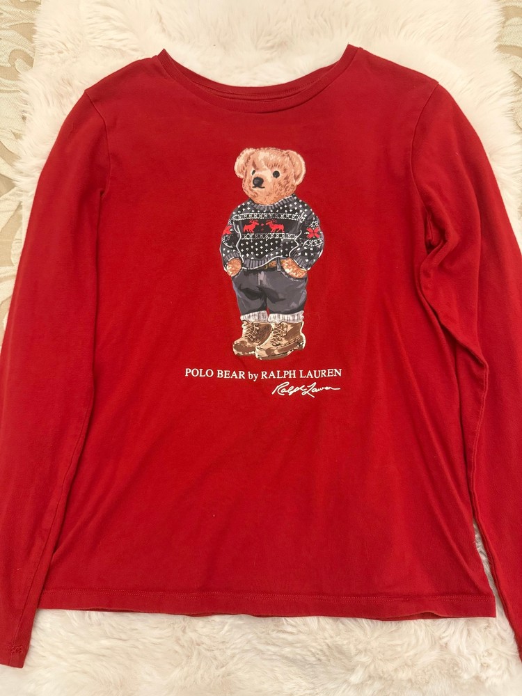 Polo Ralph Lauren Boys Long Sleeve Tee L/G 12-14 Red Polo Bear Graphic