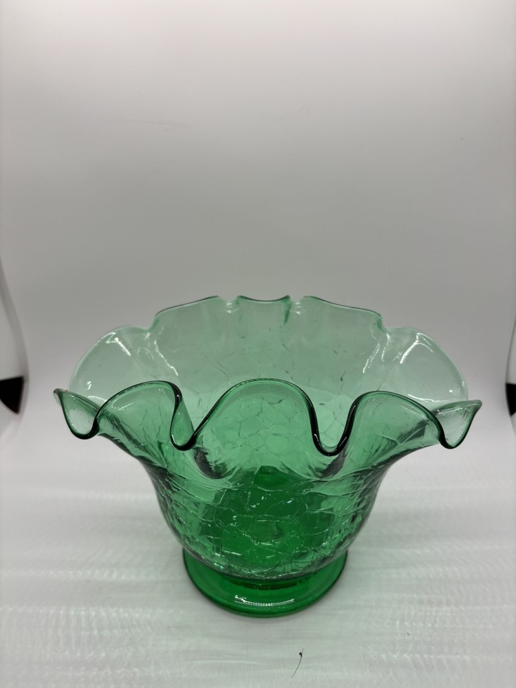 Green Art Glass Hand blown Crackled  Ruffled Vase Bowl