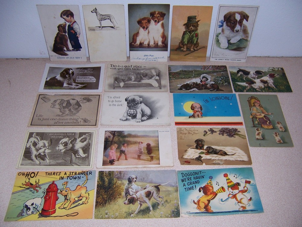 1908-1940s ANTIQUE & VTG LINEN PUPPY DOG POSTCARD LOT of 19 DIFF.