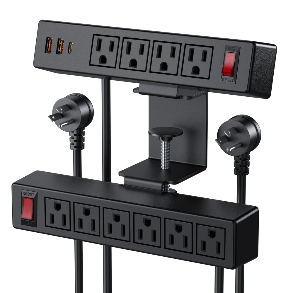 Dual Layer Desk Clamp Power Strip Surge Protector, Under Desk Power Strip wit...