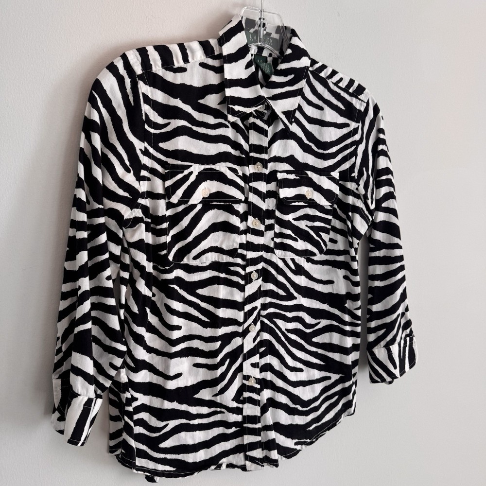 Lauren Ralph Lauren Petite P Zebra Print Button Down Shirt Cotton Safari Women’s