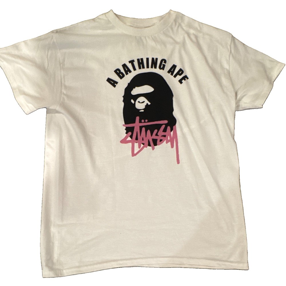 A Bathing Ape x Stussy Men's M White Ape Head Graphic Logo Crew Neck Tee