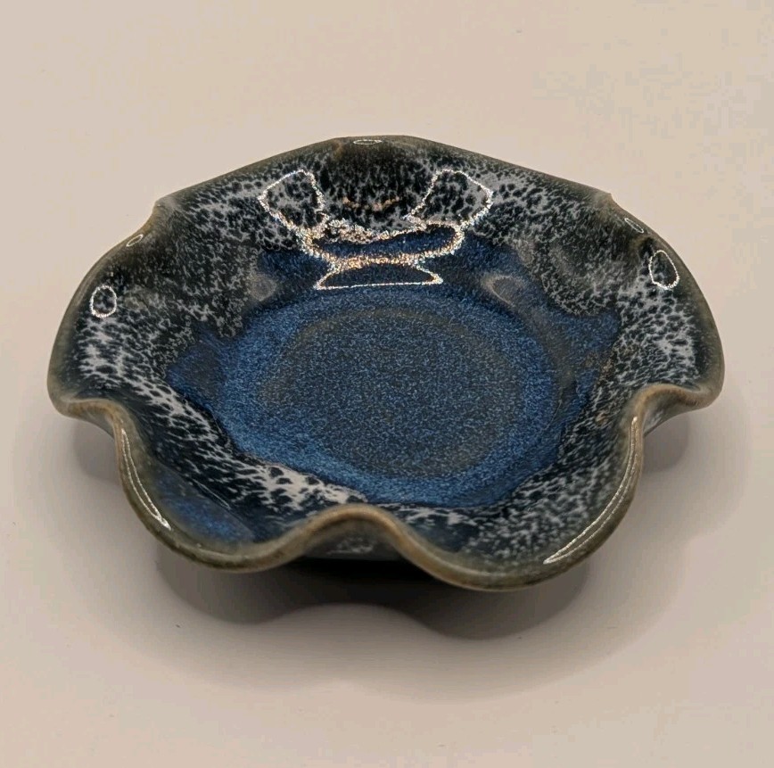 Handcrafted Signed SEAGROVE NC Ceramic Blue Glaze Decorative Ring Dish