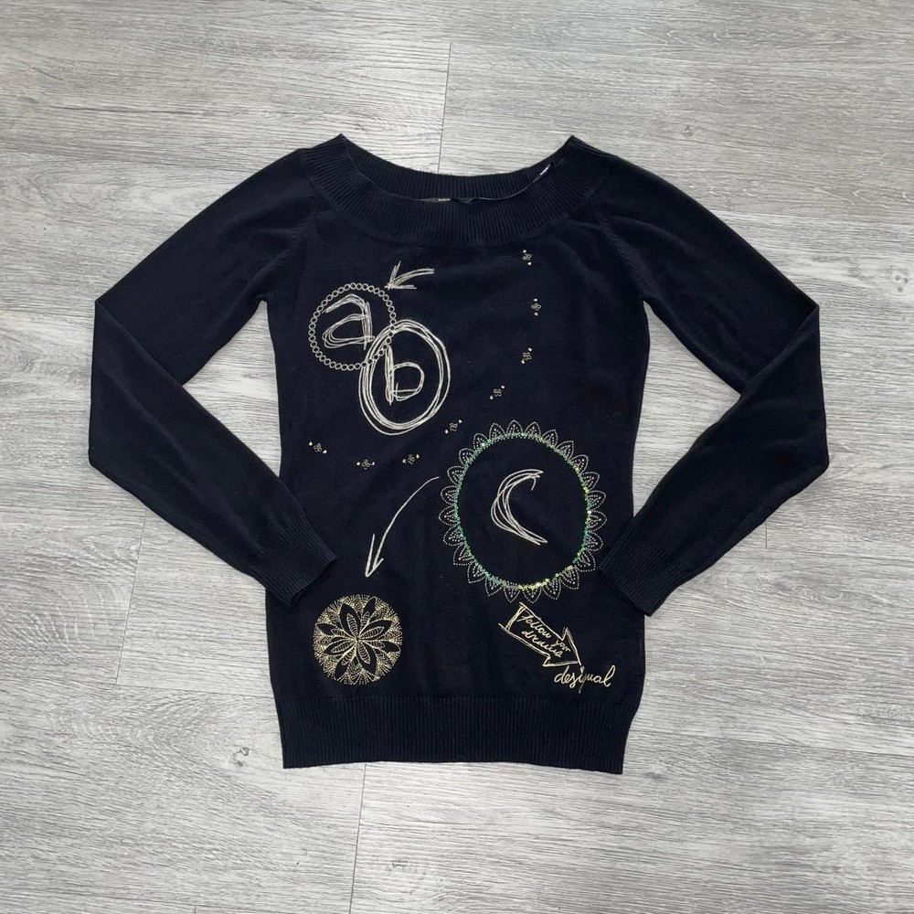 Desigual Top Women’s Medium Graphic Boat Neck Sweater Long Sleeve Abstract Artsy-image