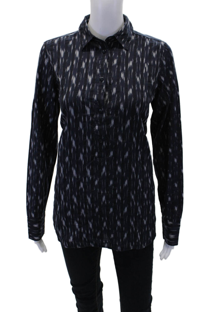 J Crew Womens Long Sleeve Collared Half Button Shirt Navy Gray Cotton Size 4Free Shipping in US $100+ Orders | $6.95 Orders Below