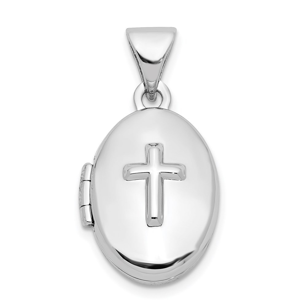 Sterling Silver Rhodium Plated 16mm Oval Cross Locket Pendant 0.92g 20.61mm