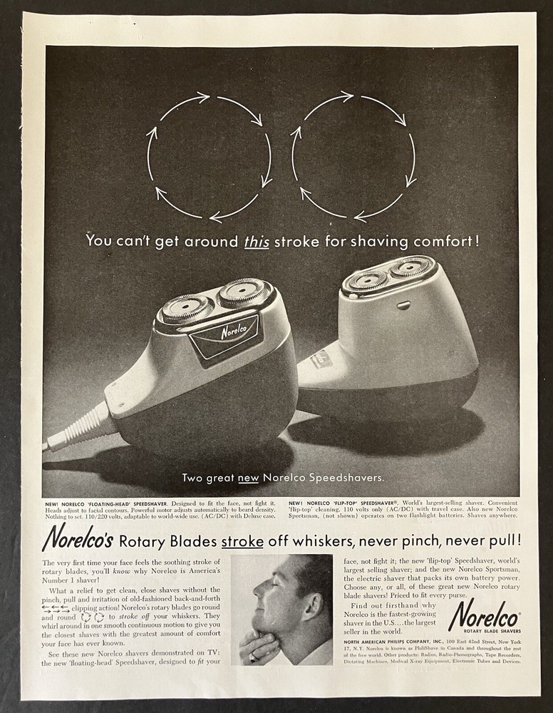 1961 Norelco Rotary Blade Shavers Speedshavers B&W Vintage Print Ad