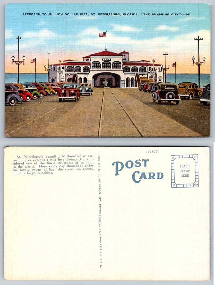 Million Dollar Pier St. Petersburg Florida Linen Postcard Vintage Cars 1930s