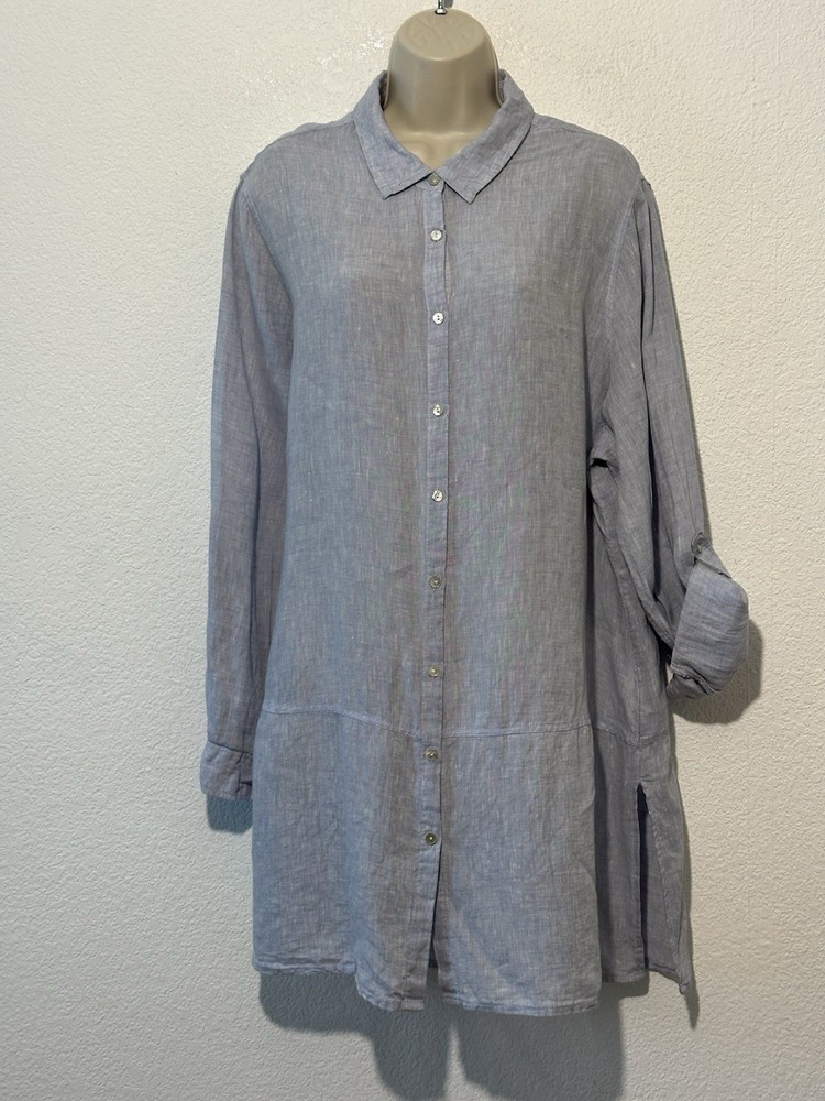 Tahari Shirt Womens 1X Blue 100% Linen Collared Roll Tab Long Sleeve Tunic