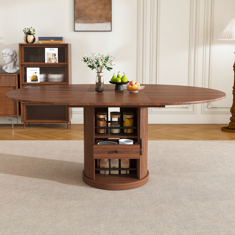 59 in Extendable Oval Dining Table with 2-Tier Storage for 4-6 Space Saving