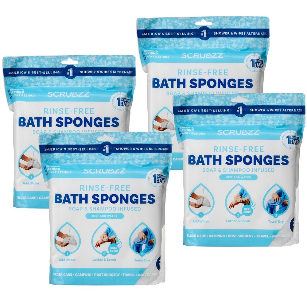 Scrubzz Disposable No Rinse Bathing Wipes, All-in-1 Single Use(Unscented,4-Pack)