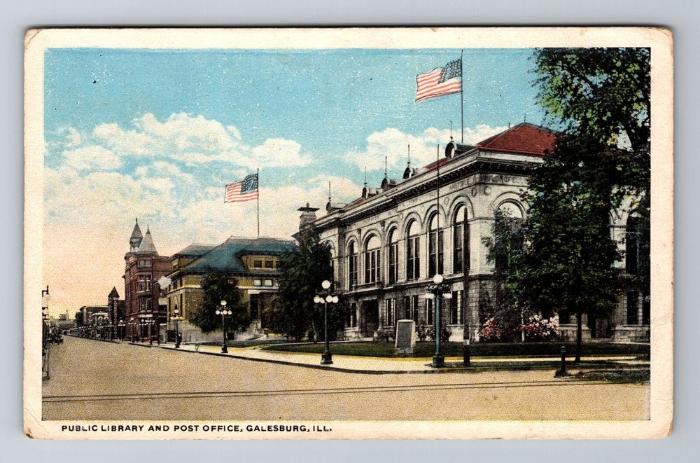 Galesburg IL-Illinois, Public Library, Post Office, Antique Vintage Postcard