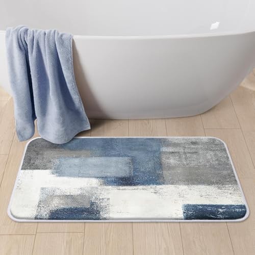 Abstract Blue Grey Non-Slip Microfiber Plush Bathroom Mat Rug Soft Gray-image