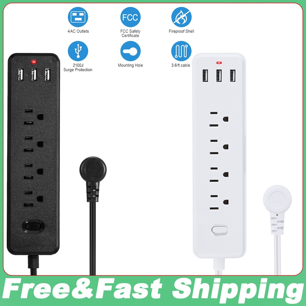Wall Mountable Plug US Power Strip Surge Protector AC 4-Port Outlets+3 USB Ports