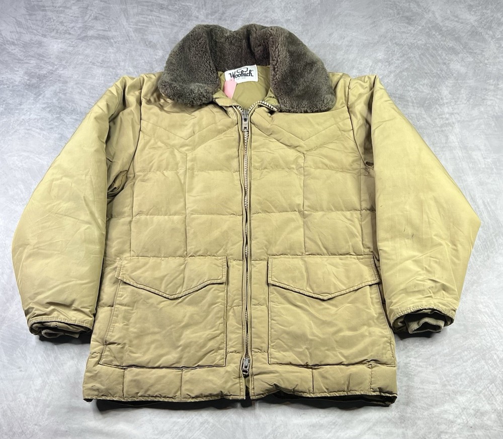 Vintage Woolrich Jacket Mens XL Brown Puffer Coat Goose Down Fur Collar 70s