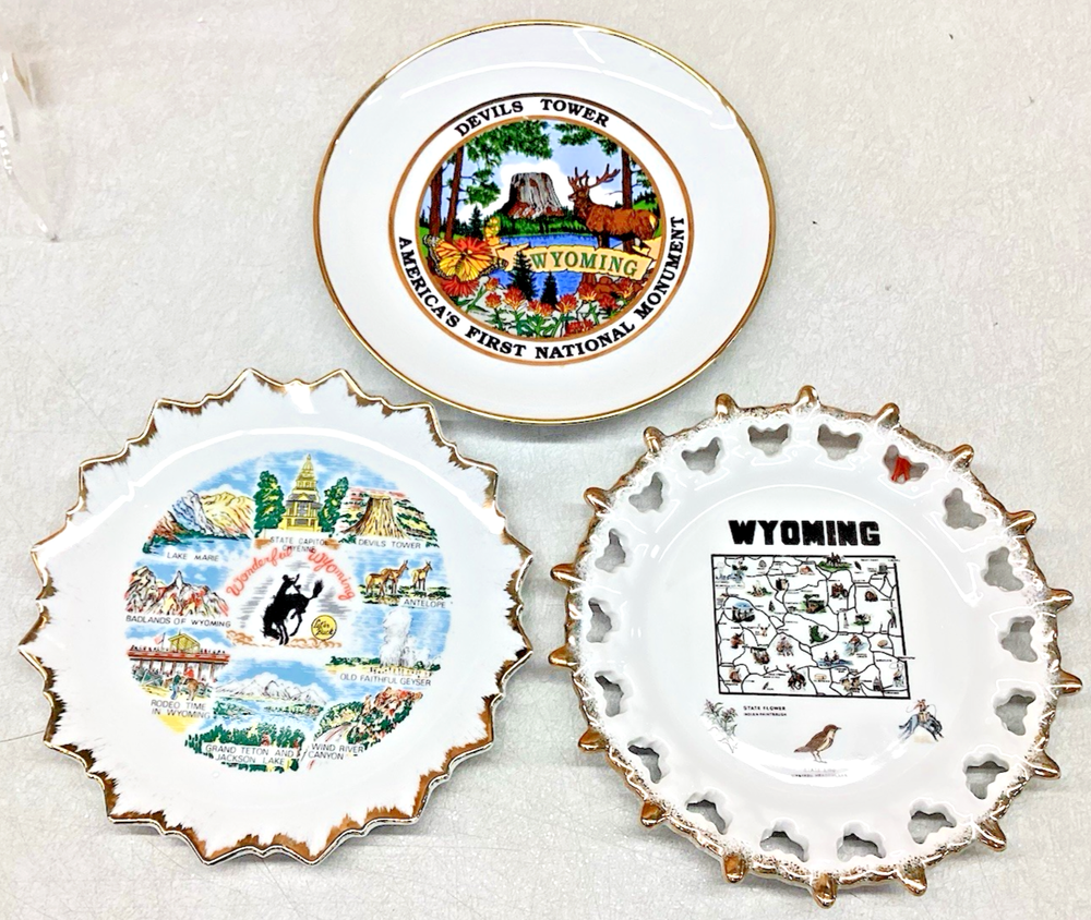 3x Vintage Wyoming Souvenir Travel State Plate Devils Tower Let'er Buck Decor