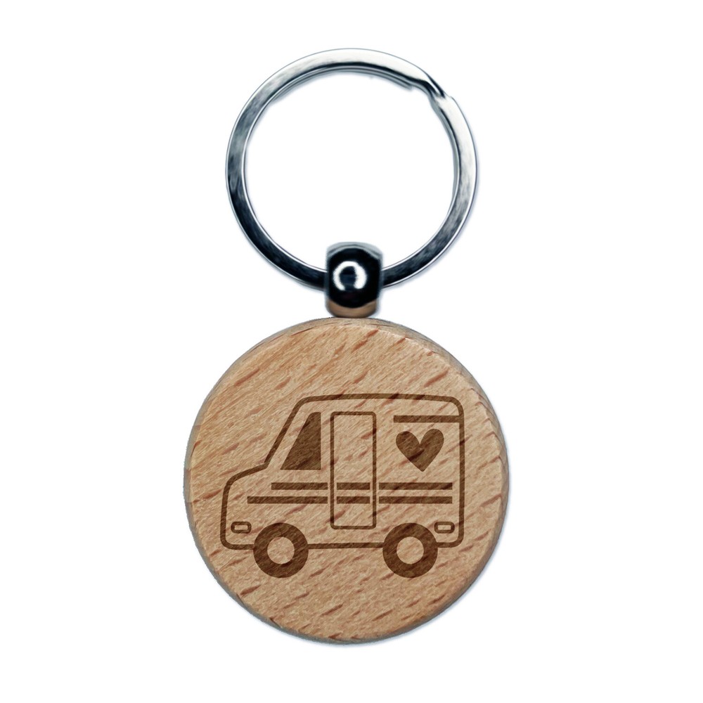 Heart-Engraved Wooden Keychain Tag with Mail Truck Charm  