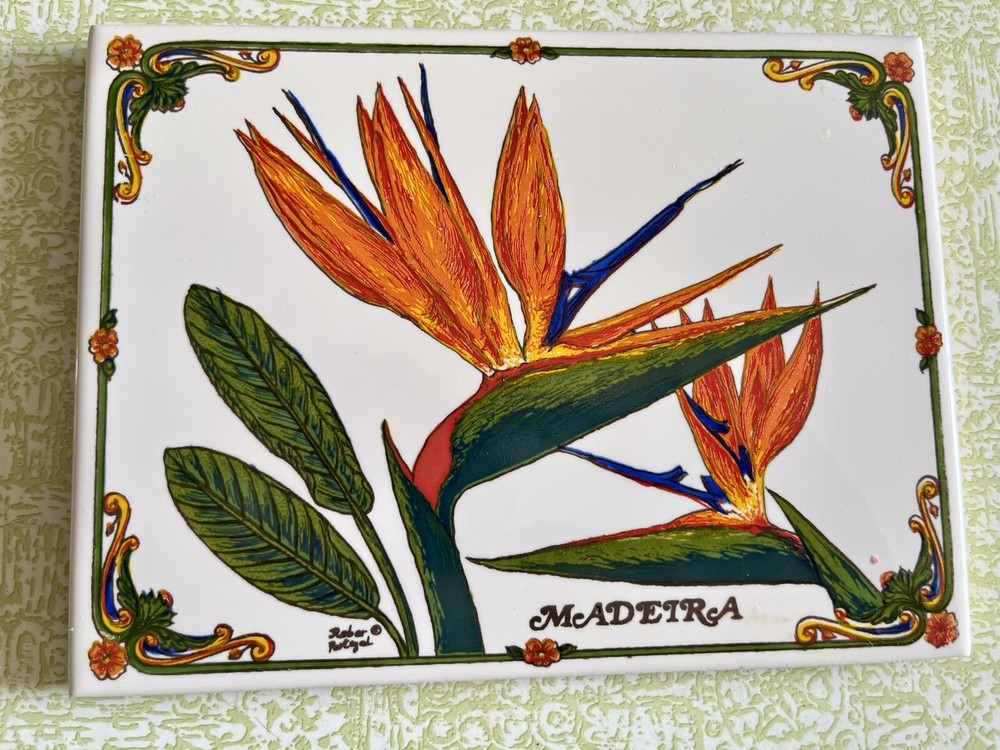 Vintage Hand Painted “Birds Of Paradise Tile Trivet by Reber - Madeira Portugal