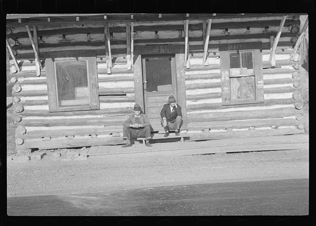 Photo:1930s Log Cabin Two Men on Porch Rustic Cabin Photograph