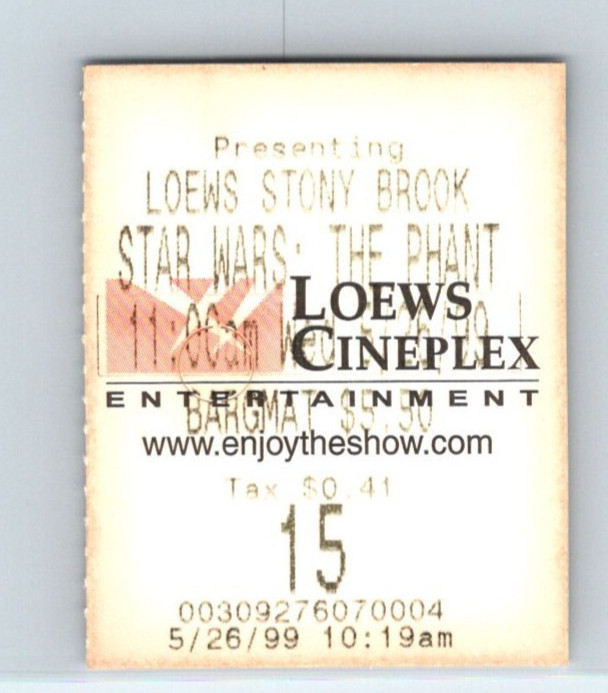 STAR WARS: THE PHANTOM MENACE Movie Ticket Stub 5/26/99
