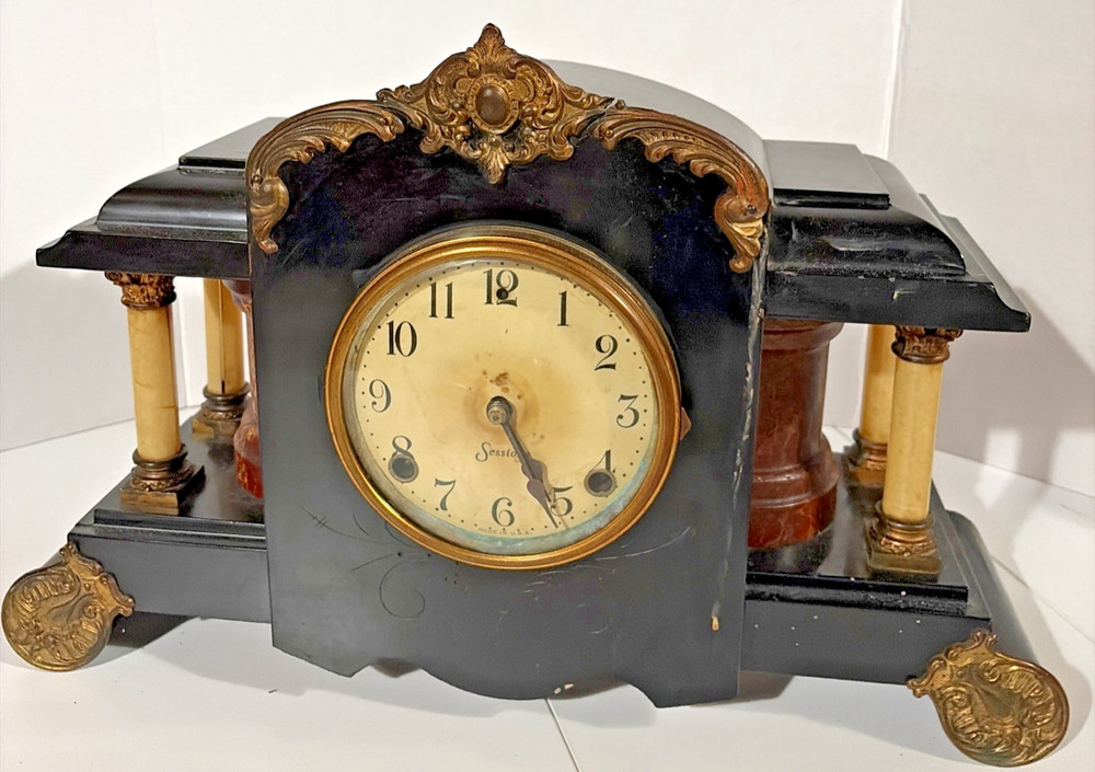 Antique Sessions Mantel Clock Marble Columns-As Is, For Parts/Repair Only