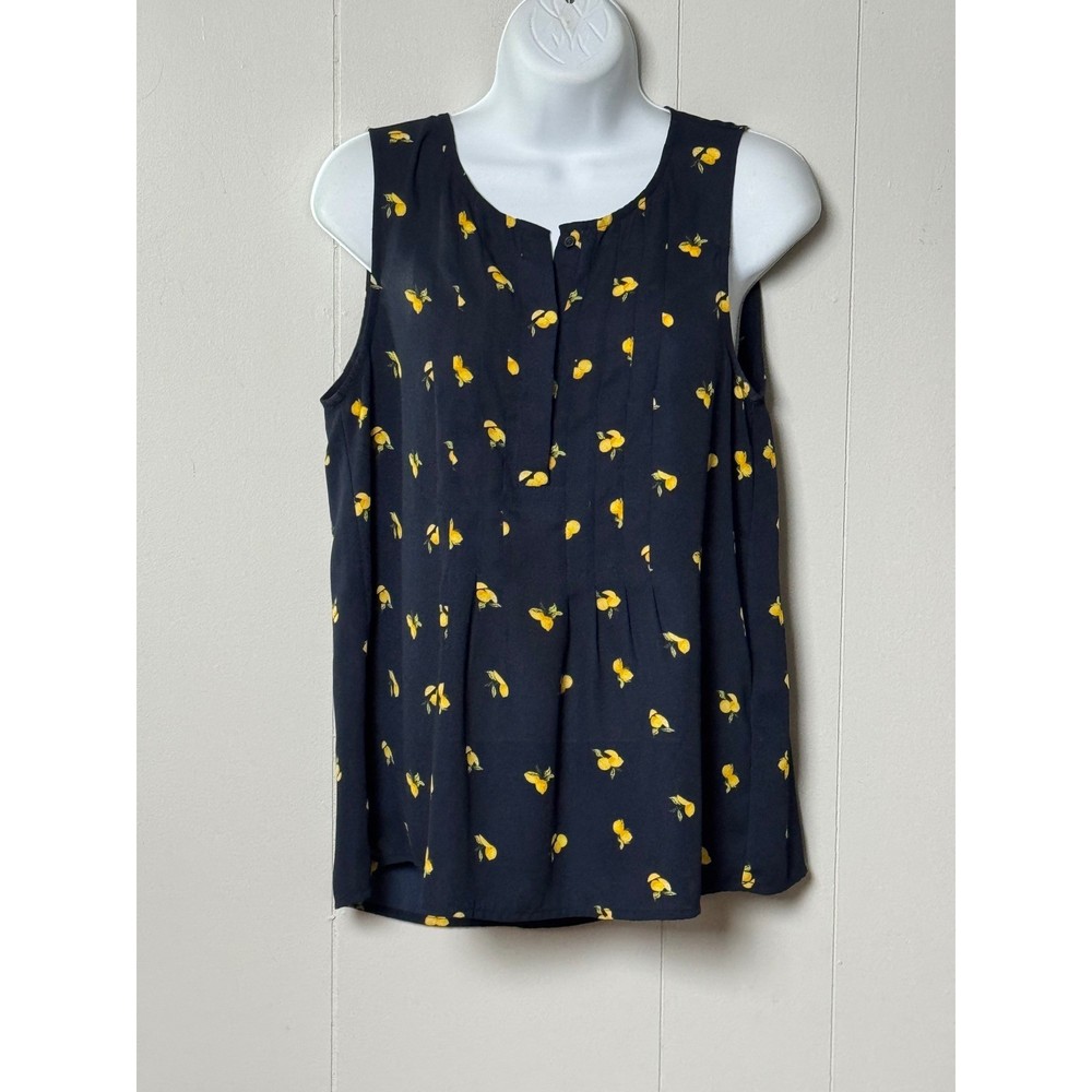 Banana Republic Women's Navy Blue Lemon Print Pleated Sleeveless Blouse Sz Small