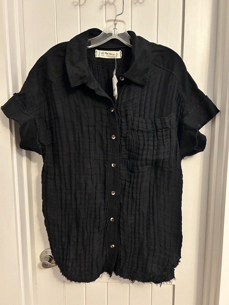 NWT We The Free Button Down Shirt Gauze Cotton Short Sleeve Black Medium