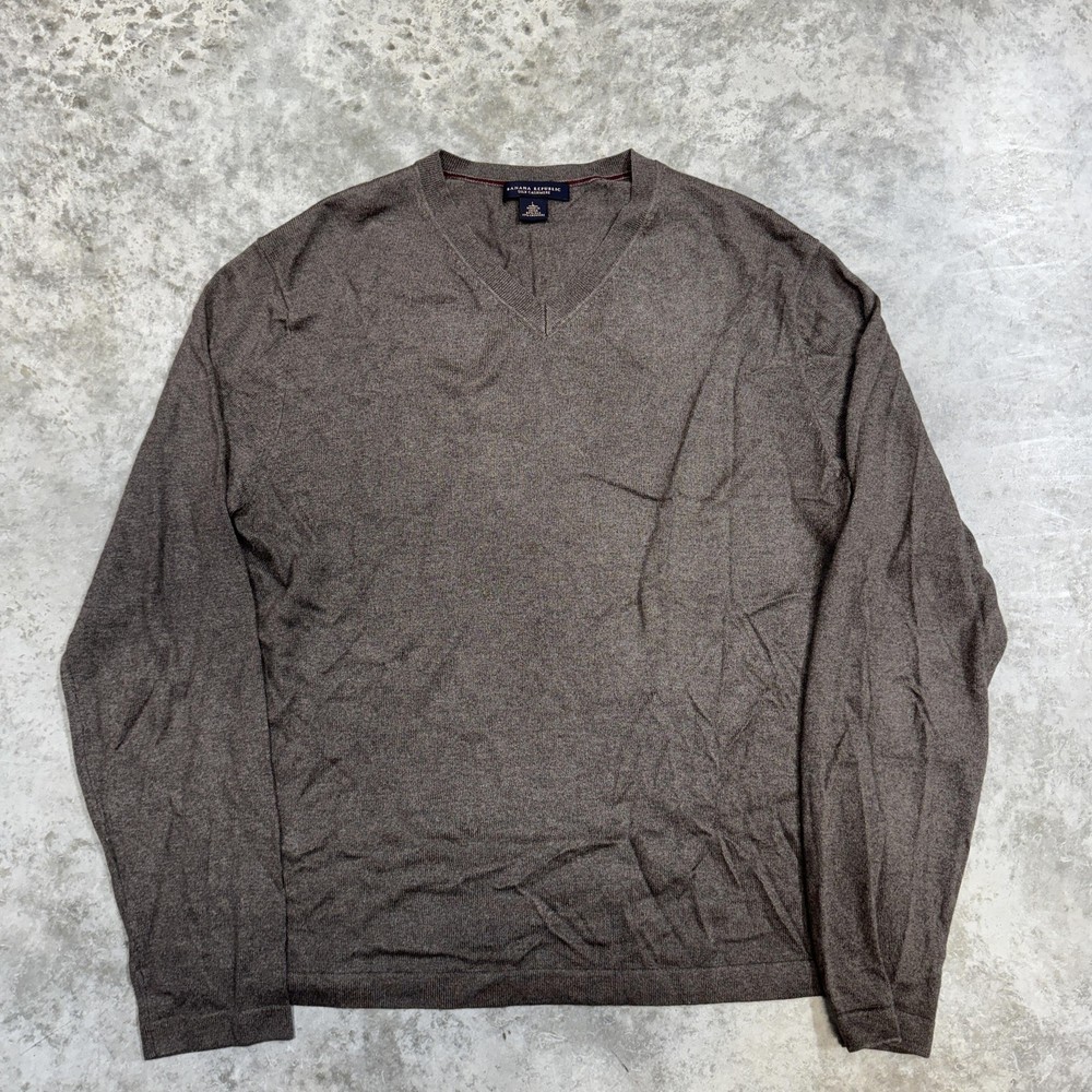 Banana Republic Sweater Mens Large Brown Silk Cashmere V Neck Knit Pullover