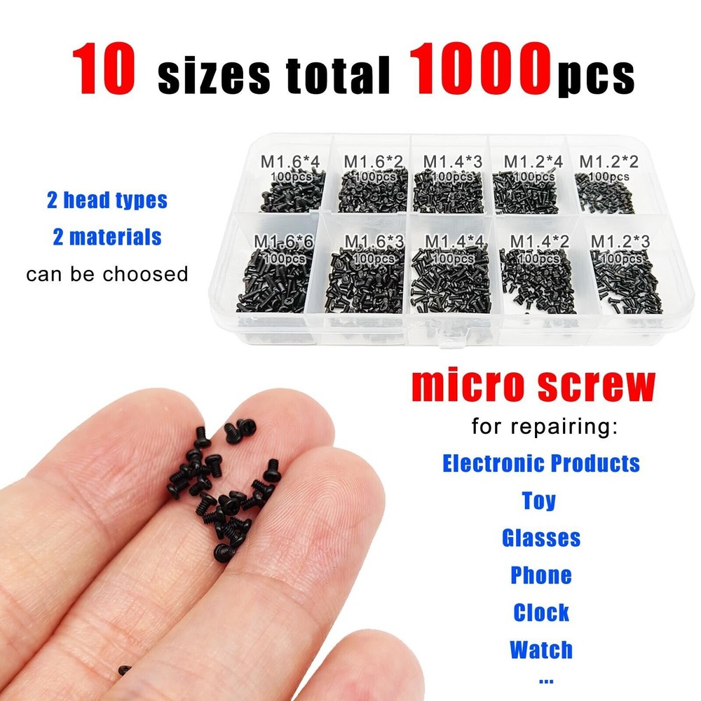 1000pcs/box Micro Small Screw Set for Toy Car Electronic Products Glasses Phone