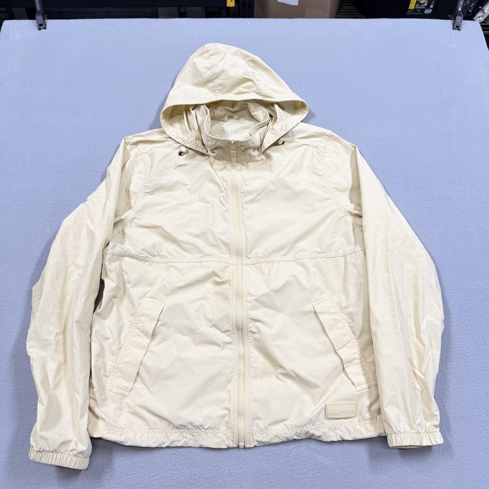 L.L. Bean Jacket Mens Large White Hooded Nylon Windbreaker Full Zip Lightweight