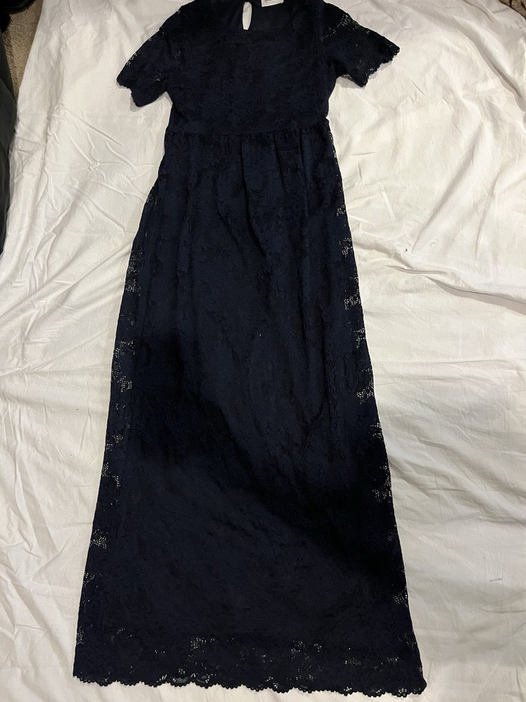 Modest Navy Blue Formal Lace Maxi Dress With Built In Slip, Size Small