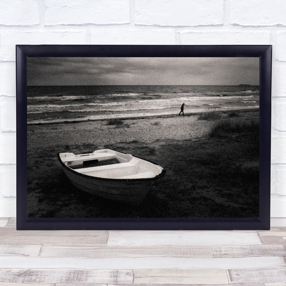 Draaby Strand Beach boat Sea Person walking Wall Art Print