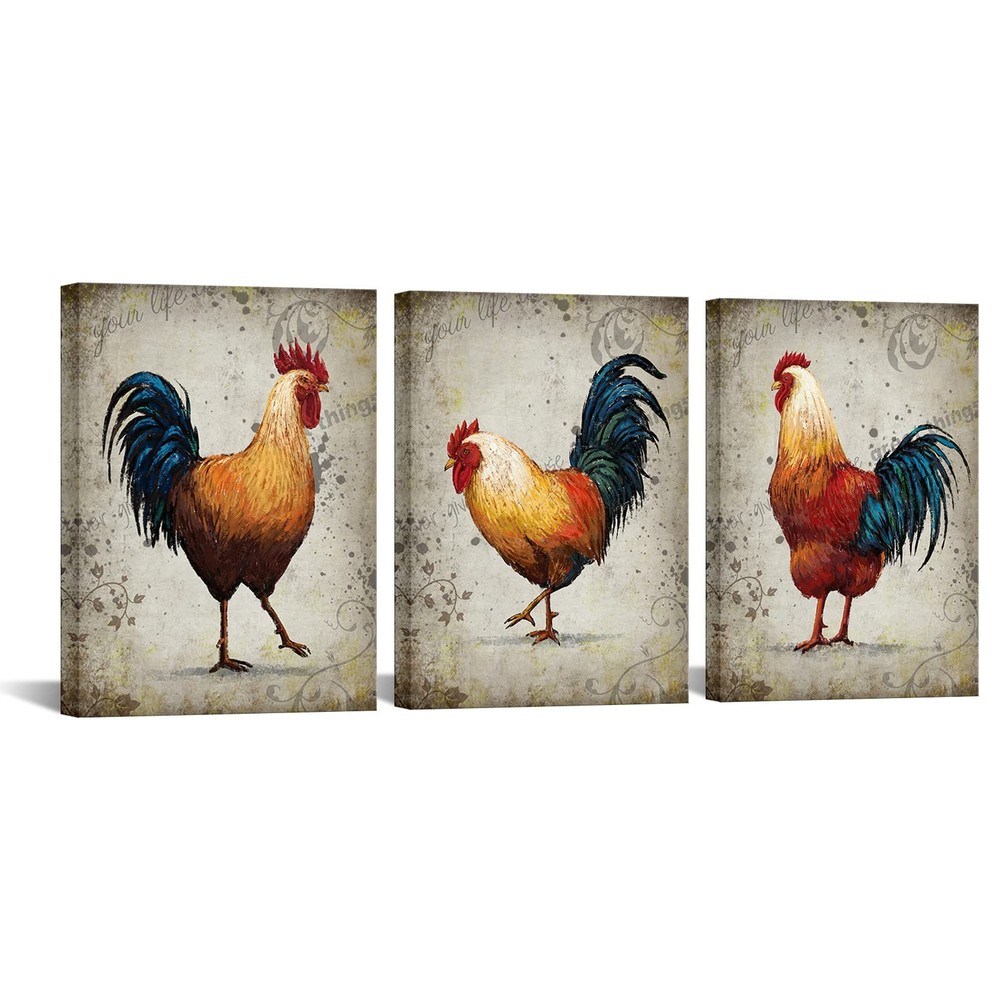 Rustic Farm Chicken Canvas Art - Rooster Hen Painting for Kitchen Decor