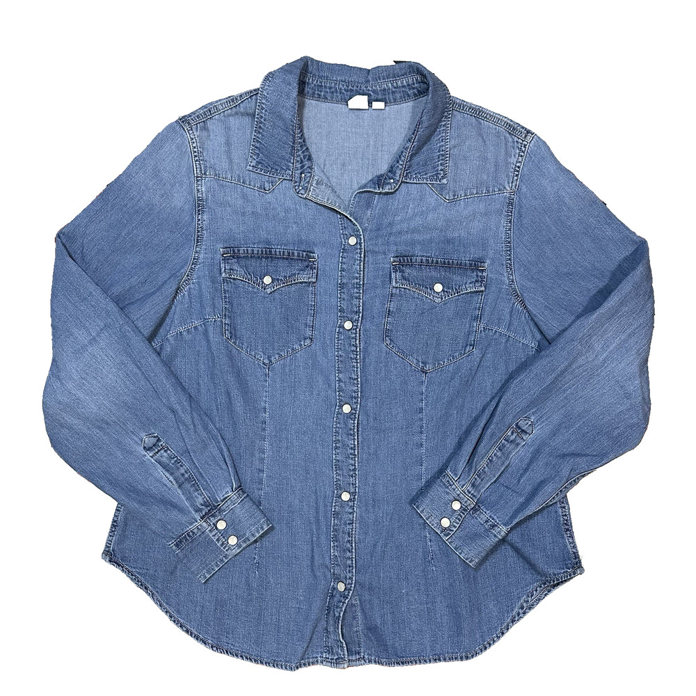 Gap Denim Western Pearl Snap Shirt Women SZ M Blue Wash Snap Front Cotton NEW 59