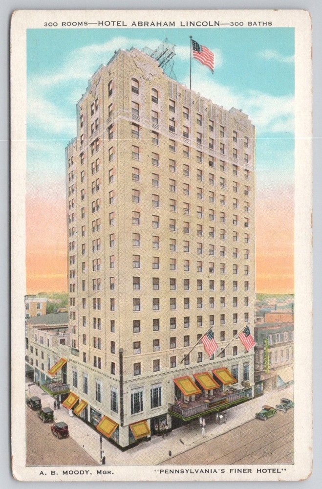 Hotel Abraham Lincoln Reading PA Postcard Vintage Linen E. C. Kropp