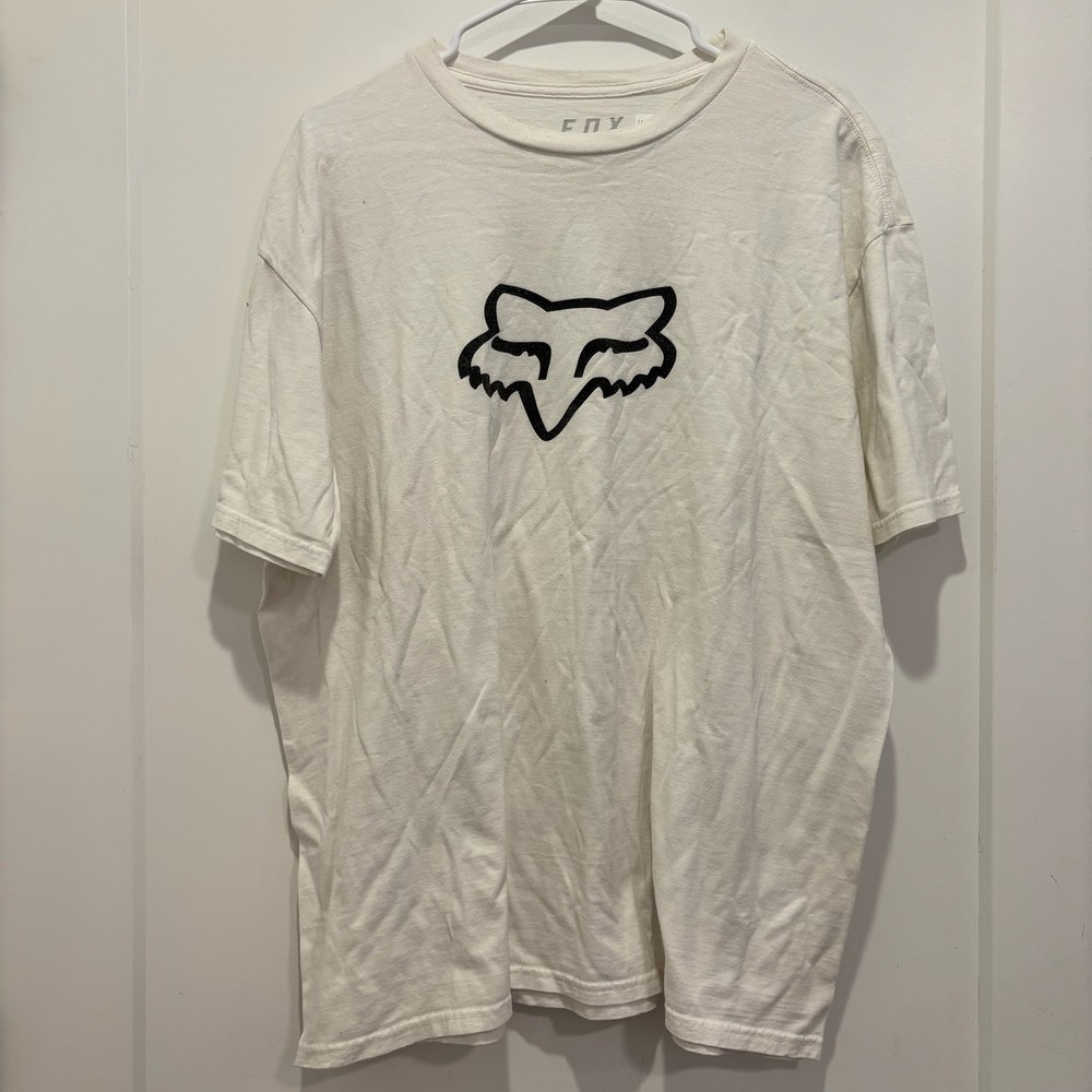 Fox Racing Mens Graphic T-Shirt XL Off White Black Fox Head Logo Crewneck Tee