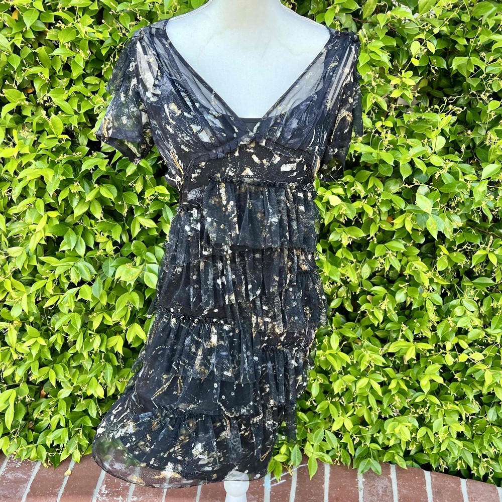Thakoon Silk Floral Tiered Ruffle Dress Sheer Black Slip NWOT Size 4 Small